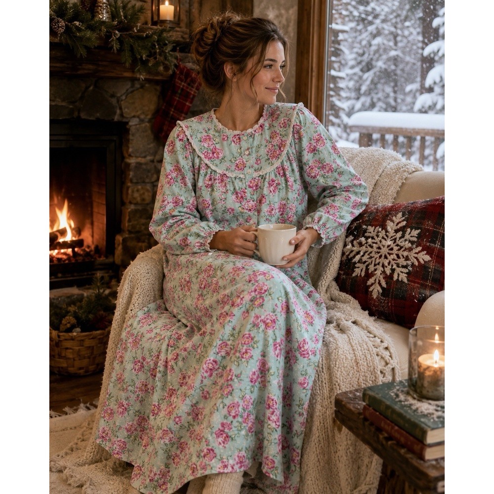 LANZ of SALZBURG Flannel Nightgown (XS) Green Floral Cottagecore Prairie COTTON